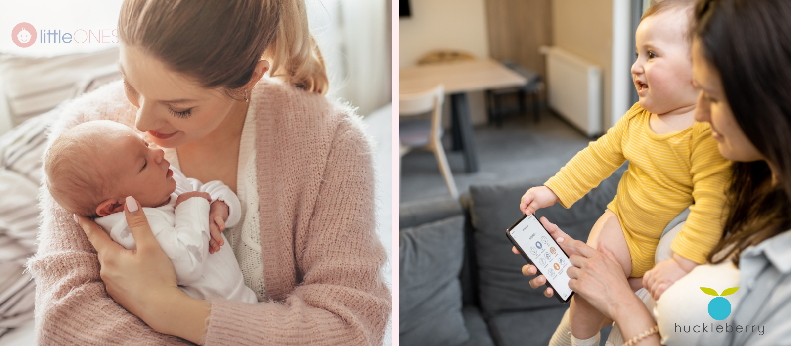 Mothers with babies looking at baby sleep apps on their phones to choose Little Ones or Huckleberry Sleep Apps