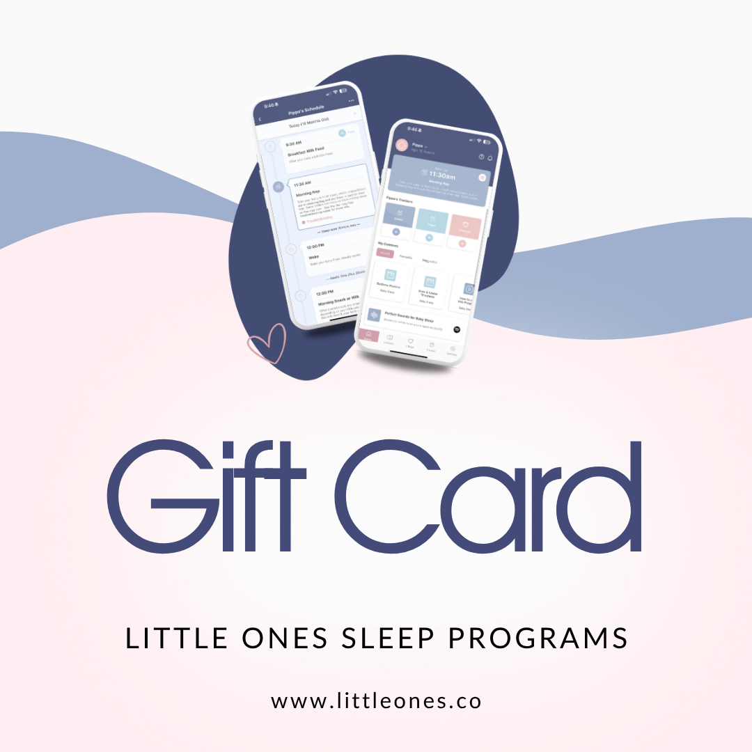 Two smartphones displaying a sleep program app with 'Gift Card' text and 'Little Ones Sleep Programs' branding.
