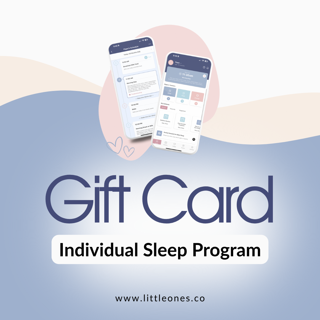 Two smartphone screens showing an app interface with 'Gift Card Individual Sleep Program' text and 'www.littleones.